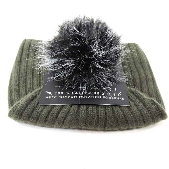 TAHARI ⚜ WOMEN\'S GREEN CASHMERE WINTER POMPOM HAT